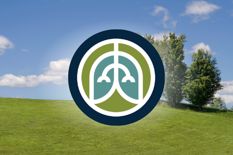 Green landscape with trees and blue skies, with Greener Healthcare Pathway logo