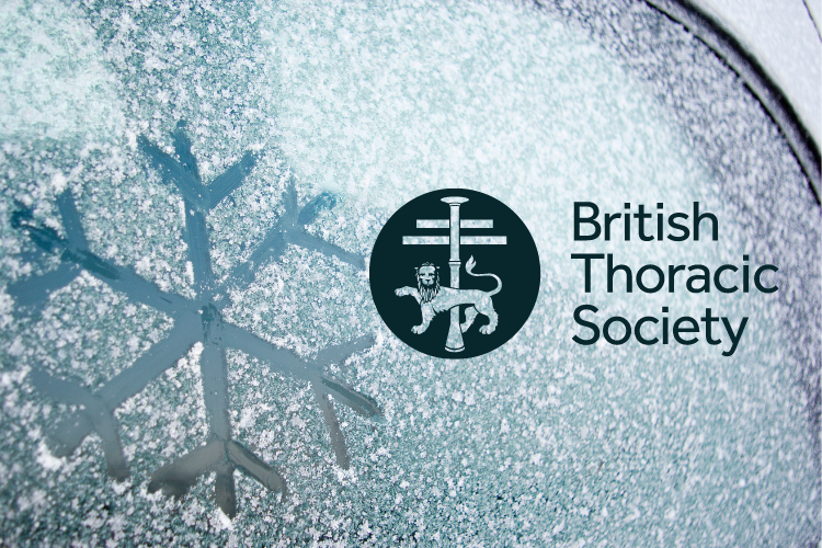 Frosted window with a snowflake drawn in the frost. BTS logo.