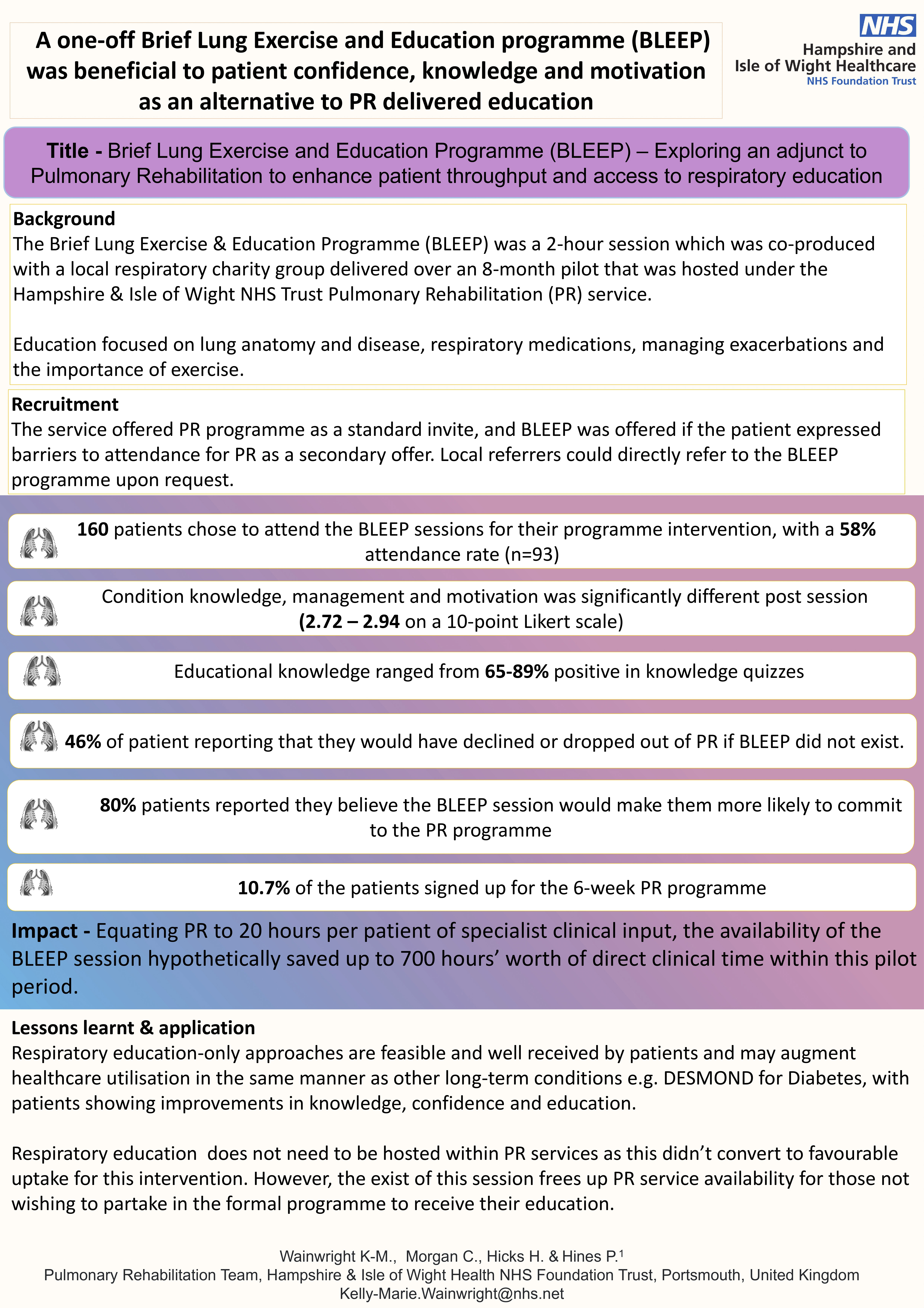 Abstract poster - Brief Lung Exercise and Education Programme (BLEEP) – Exploring an adjunct to Pulmonary Rehabilitation to enhance patient throughput and access to respiratory education. (ID 775)