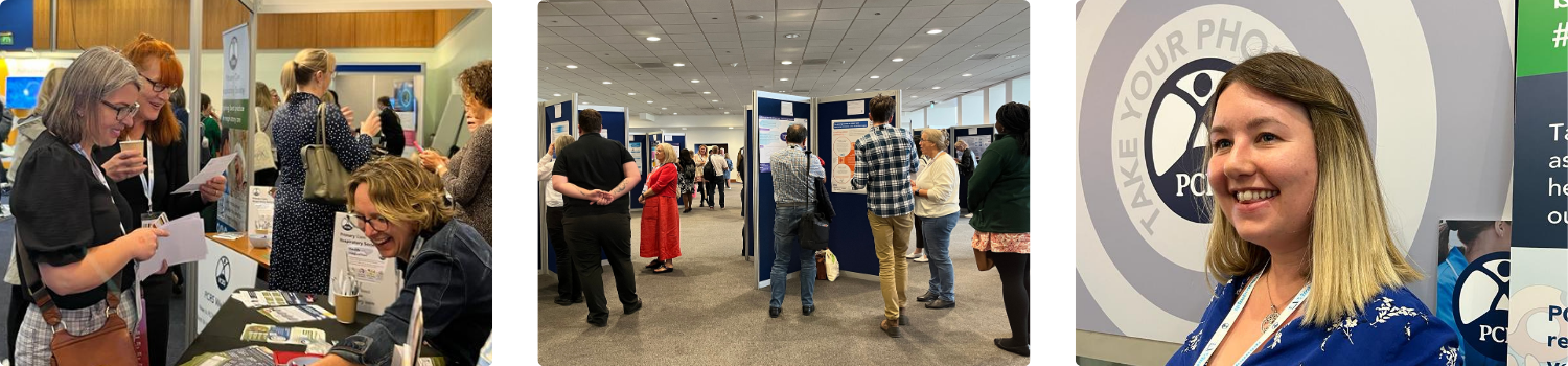 Conference attendees at exhibition, browsing abstracts and smiling for a photo