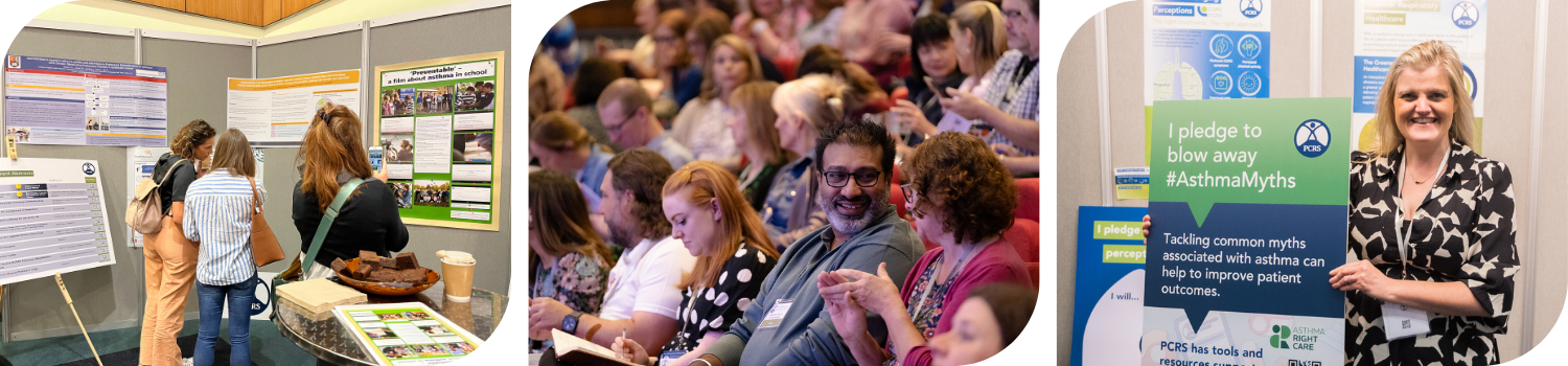 Conference attendees at exhibition, browsing abstracts and smiling for a photo