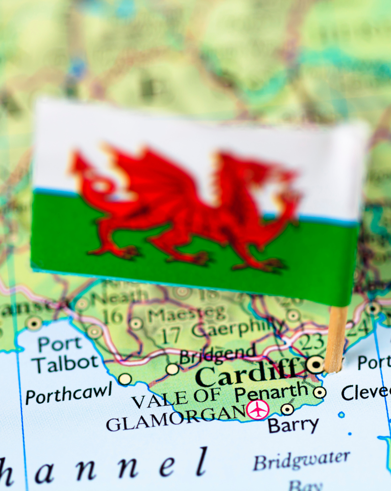 Wales flag on map of Wales near Cardiff