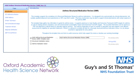 Screenshot of the tool with Oxford AHSN and the Guy’s and St Thomas’ NHS Foundation Trust logos