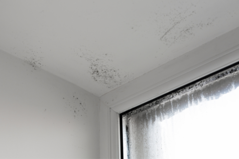 Damp window with patches of black mould on ceiling and wall