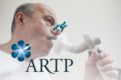 Man taking part in spirometry test. ARTP logo.