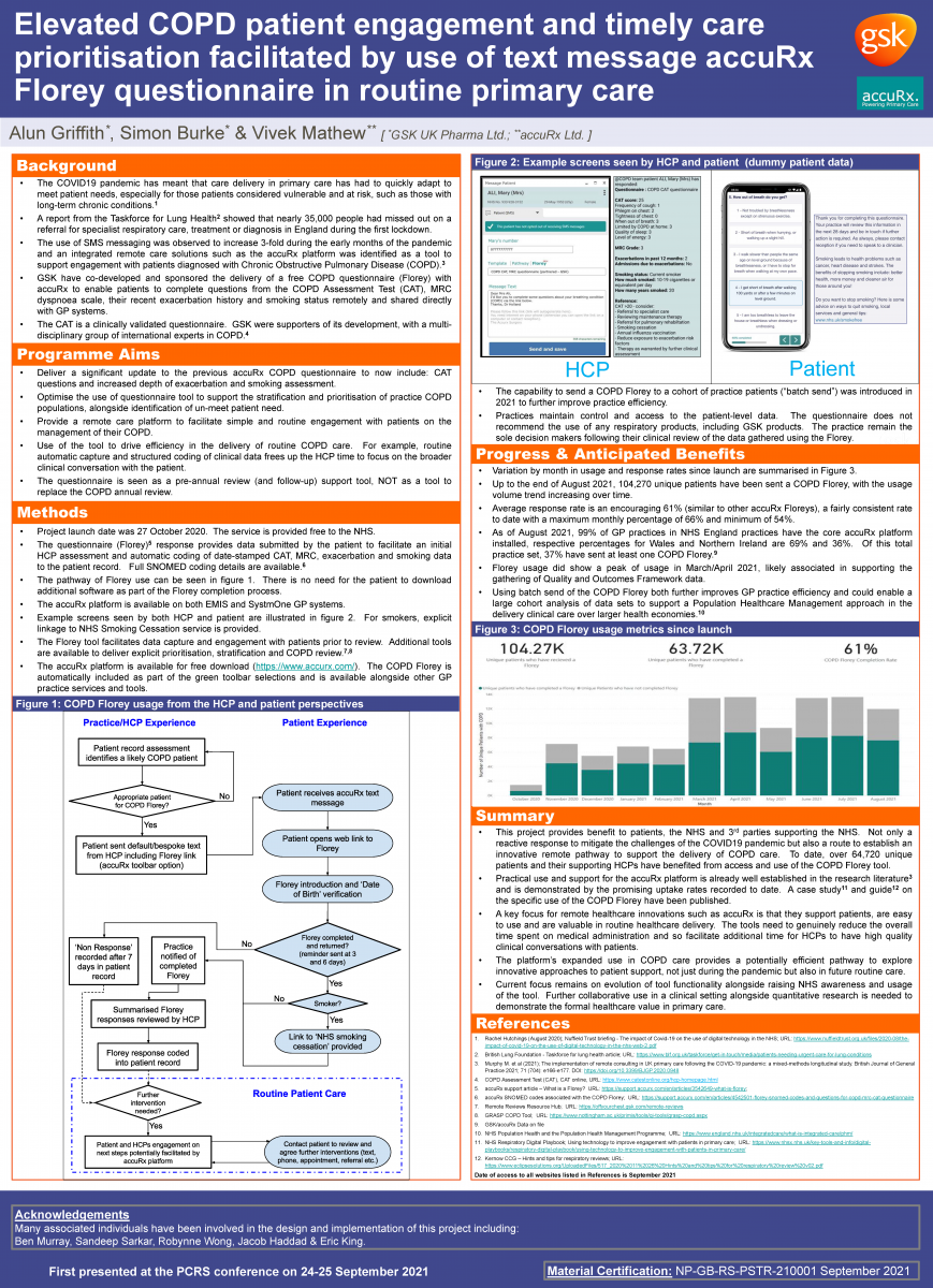 Abstract poster - Elevated COPD patient engagement and timely care prioritisation facilitated by use of text message accuRx Florey questionnaire in routine primary care. (ID 302)