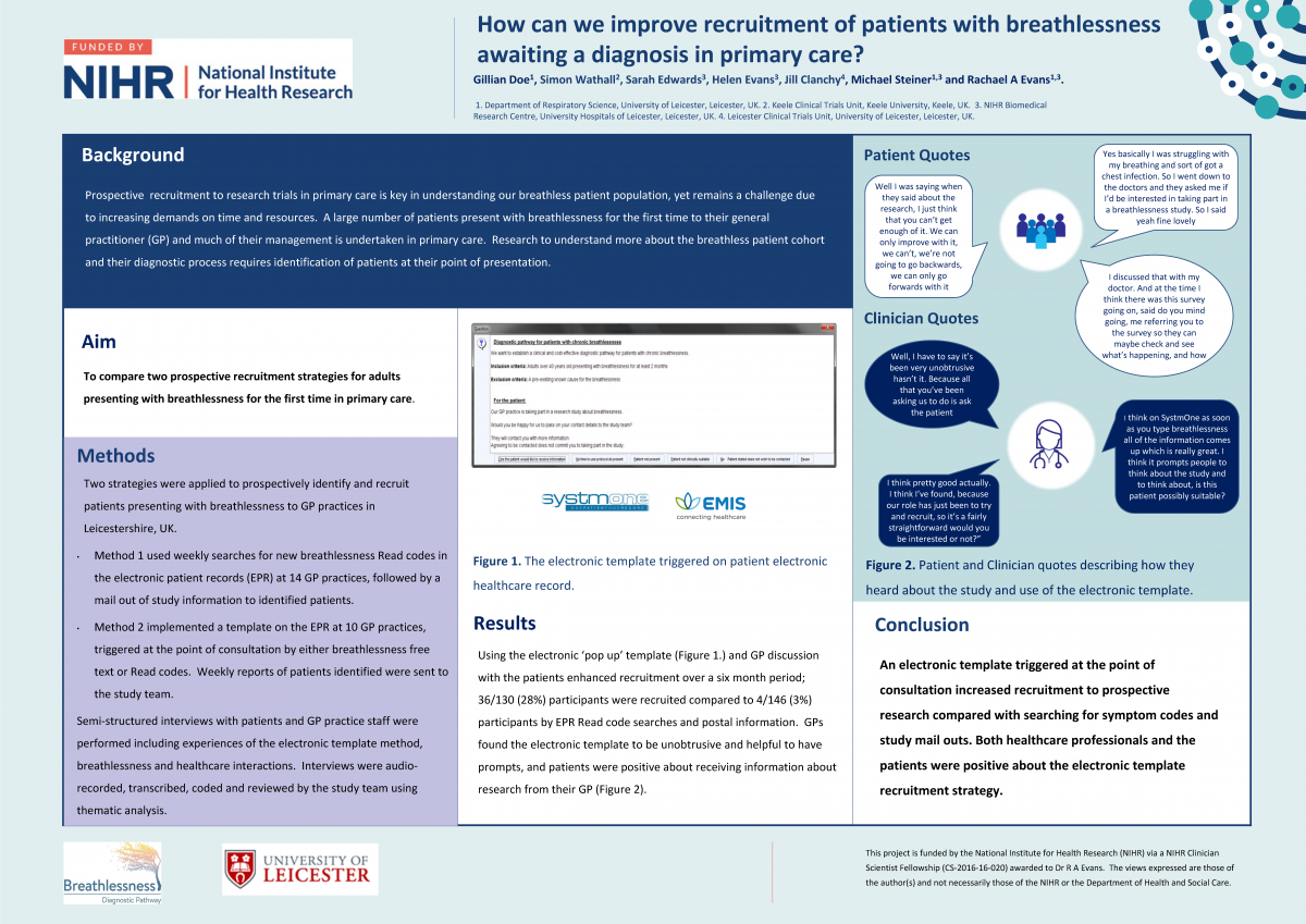 Abstract poster - A comparison of two research strategies to prospectively recruit patients presenting with breathlessness awaiting diagnosis in primary care. (ID 303)
