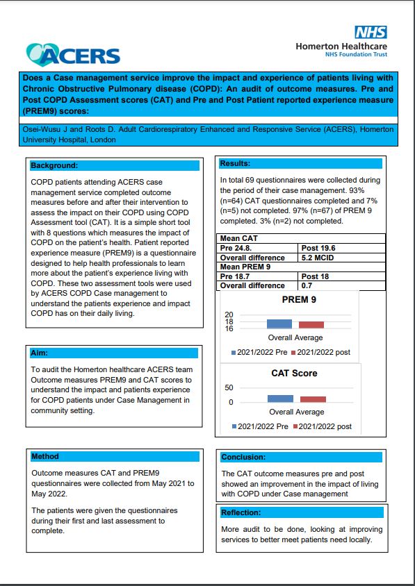 Abstract poster - Title: Does a Case management service improve the impact and experience of patients living with Chronic Obstructive Pulmonary disease (COPD): An audit of outcome measures. Pre and Post COPD Assessment scores (CAT) and Pre and Post Patient reported experience measure (PREM9) scores: (ID 371)