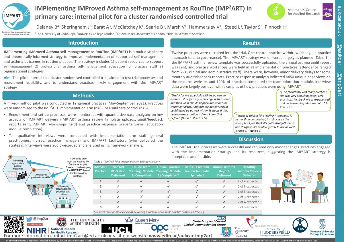Abstract poster - IMPlementing IMProved Asthma self-management as RouTine (IMP2ART) in primary care: internal pilot for a cluster randomised controlled trial (ID 376)